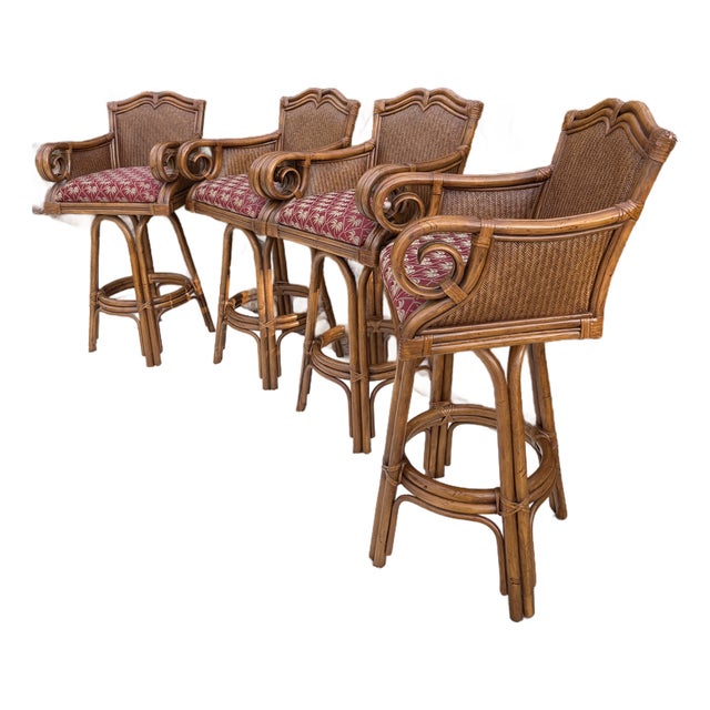 Set of 4 Vintage 30" Tommy Bahama Style Swivel Barstools For Sale