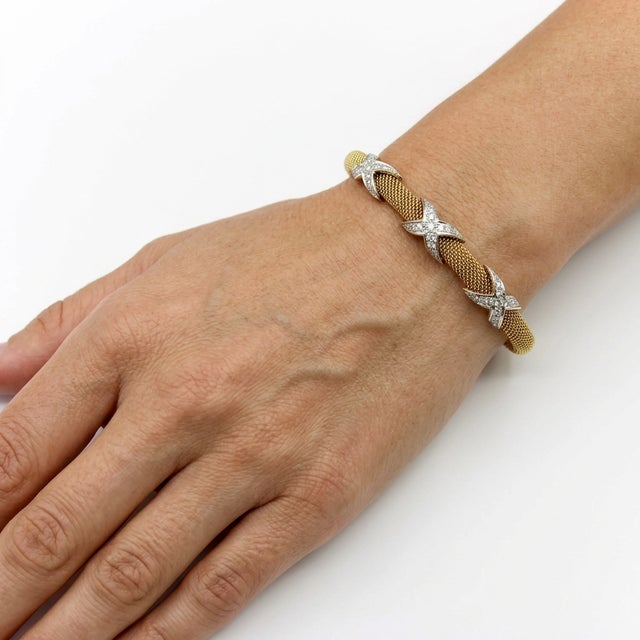 Vintage 14k Gold Woven Cuff Bracelet With Diamond X Details For Sale - Image 11 of 11