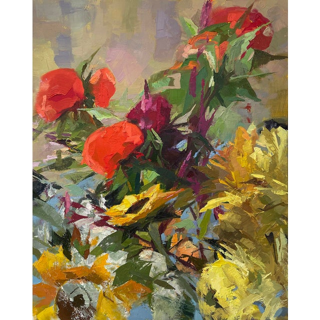Sunflowers II by Yana Beylinson | Oil on Canvas Still life of sunflowers and roses. For Sale