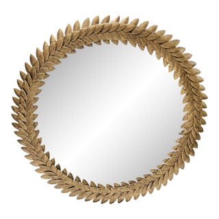 Vintage Laurel Leaf Round Wall Mirror in Antiqued Gold Metal, 16.5" For Sale