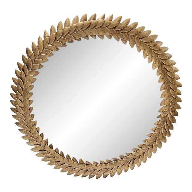 Vintage Laurel Leaf Round Wall Mirror in Antiqued Gold Metal, 16.5" For Sale