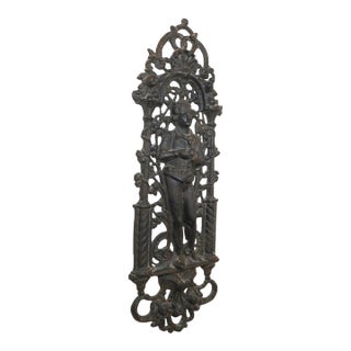 Antique Ornate Figural Heavy Cast Iron Relief Man Smoking Pipe Wall Plaque Art For Sale