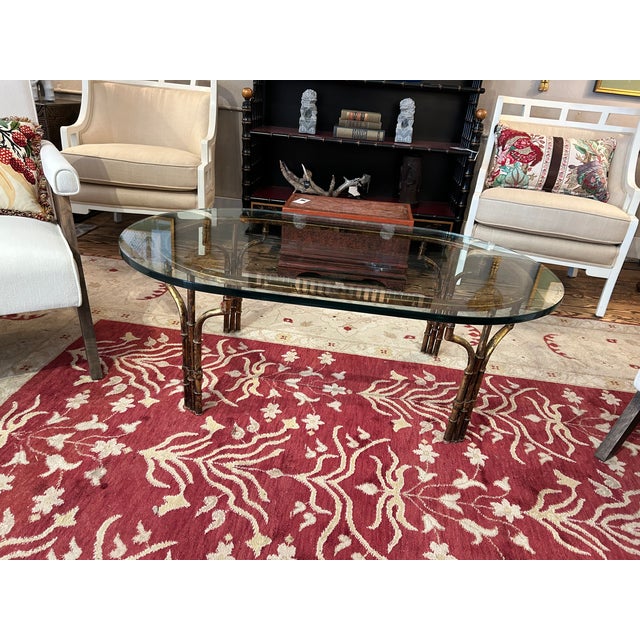 1990s Elegant Oval Gilded Iron and Thick Glass Coffee Table For Sale - Image 5 of 9