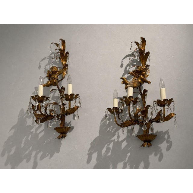 1950sFrench Marie Therese Style, Cherub Wall Sconces, Gilt-Brass, Crystal - a Pair For Sale - Image 4 of 12