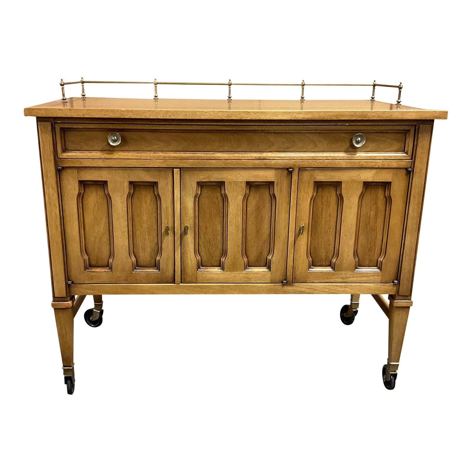 MidCentury Drexel Rolling Buffet Cart in Golden Maple With Brass Rail
