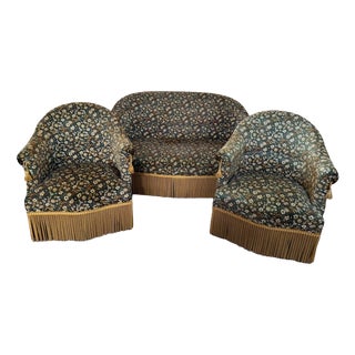 Toadstool Lounge Chair and Sofa in Floral Fabric and Gold Trimmings, 1890s, Set of 3 For Sale