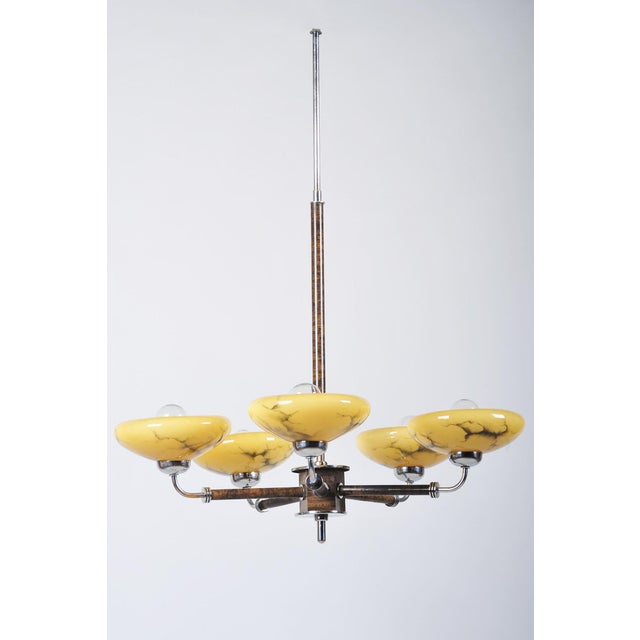 Art Deco Chandelier in Chrome, Beech, Walnut and Glass, Czech, 1920s For Sale - Image 13 of 13