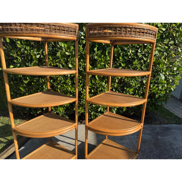 Vintage Tall Palm Beach Coastal Woven Rattan Corner Étagères, Pair For Sale In Naples, FL - Image 6 of 12