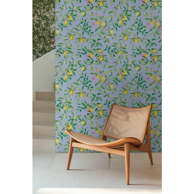 Limoncello Floral & Lemon Grasscloth Wallpaper by House Party | Mediterranean Blue | 6 Yards For Sale - Image 4 of 7