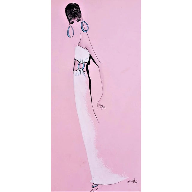 1960s Large Mid-Century Italian Fashion Drawing in Watercolor For Sale - Image 4 of 5