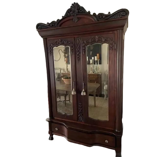 19th Century Rococo Style Solid Mahogany & Walnut Carved Two Door Armoire For Sale - Image 13 of 13