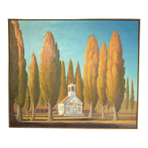 Mid Century Painting of Trees and a Chapel by Ferdinand Burgdorff