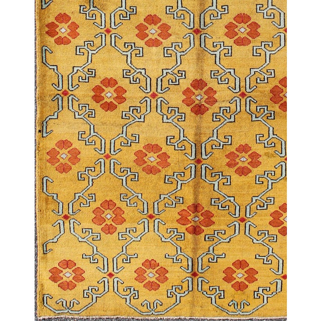 Tribal Vintage Turkish Rug With Modern Design in Bright Yellow, Tangerine and L. Blue 5'0" X 10'11" For Sale - Image 3 of 7