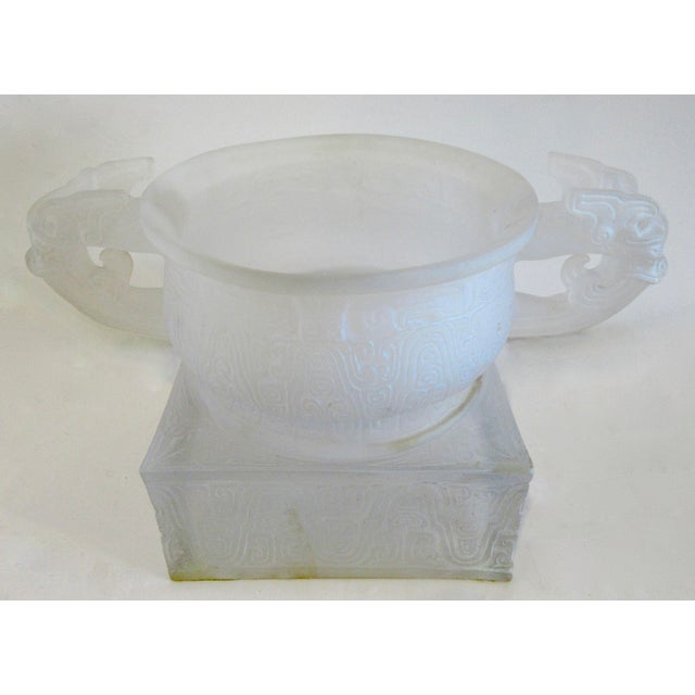 Transparent C.1930's French Rene' Lalique " Rare," Monumental Urn or Center Piece in an Ethnic Asian Motif Vessel/Urn With Chi Dragon Detailed Handles For Sale - Image 8 of 18