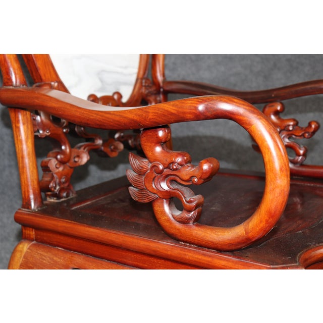 Pair Vintage Chinese Carved Mahogany and Marble Back Arm Chairs For Sale In Philadelphia - Image 6 of 16