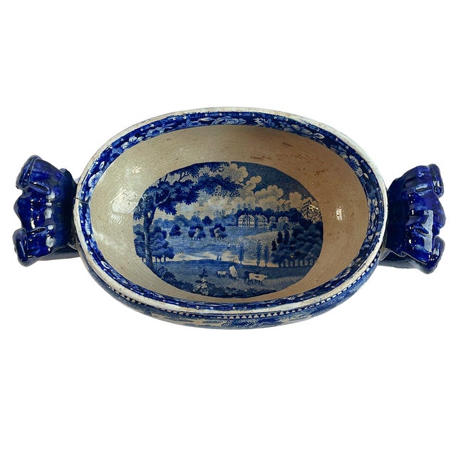 1930's Blue Staffordshire Transferware Euston Hall Pedestal Tureen For Sale - Image 9 of 9