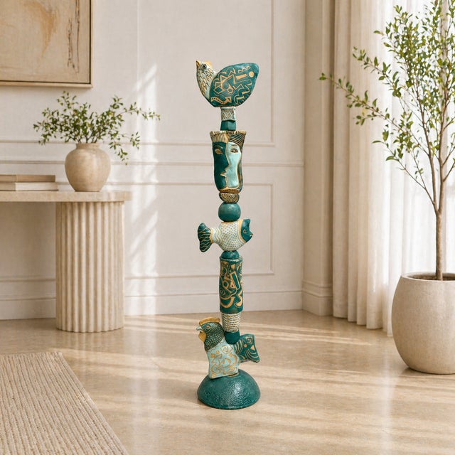 Marc Zimmerman "Associates in Teal" Glazed Ceramic Totem, 65 Inches Tall, Teal and Gold Glaze, Fish and Face Elements, Contemporary Art West Coast For Sale In Monterey, CA - Image 6 of 7