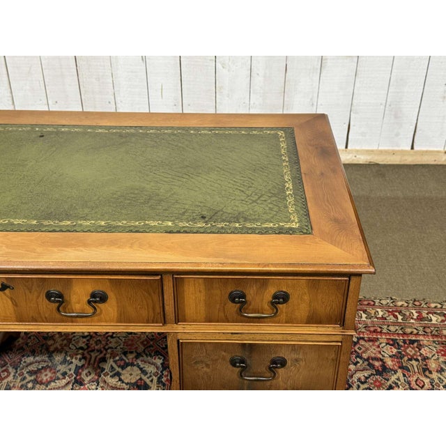 Vintage English Flat Desk with Drawers in Yew Wood with Leather Top, 1970s For Sale - Image 6 of 15