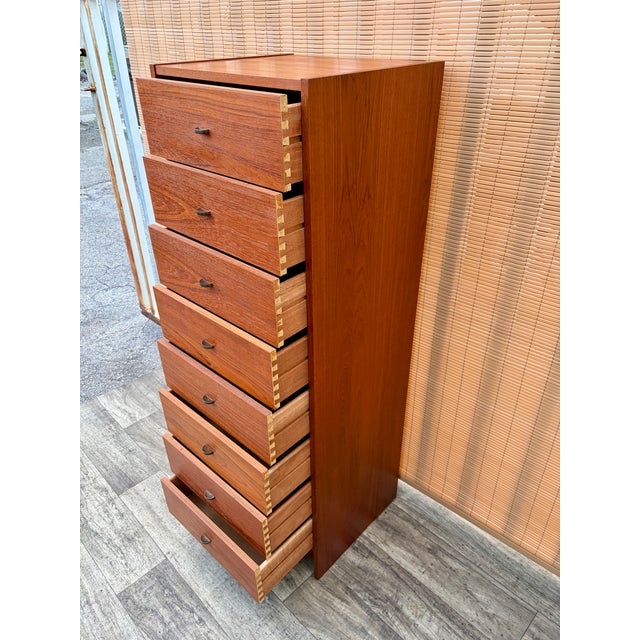 Wood Mid Century Danish Modern Teak Highboy / Lingerie Chest of Drawers. Circa 1970s For Sale - Image 7 of 18
