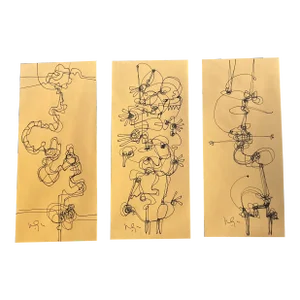 Contemporary 3 Original Wayne Cunningham Abstract Ink Drawings on Bright Mustard Colored