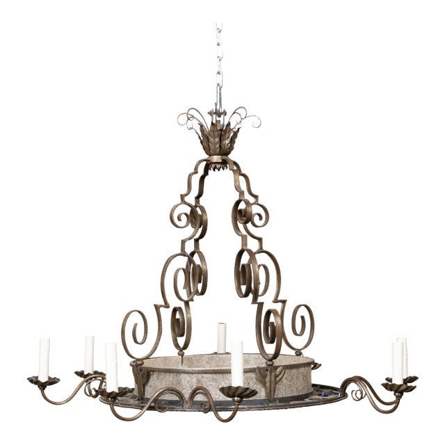 1920s French Art Deco Iron Chandelier Eight Light Chandelier with Scrolling Arms For Sale