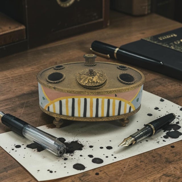 Antique Enameled & Gilt Metal Inkwell • Hand‑Painted Porcelain Base • Ornate Desk Accessory For Sale In Detroit - Image 6 of 7