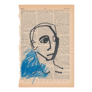 Contemporary Portrait Ink Drawing on Vintage Paper For Sale