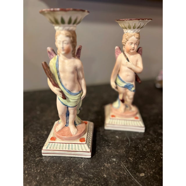 Antique Staffordshire Pair Pottery Candlesticks Figurines. Beautiful pair purchased in France. Age appropriate wear, see...