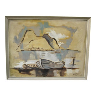 Harrison Mid-Century Abstract Harbor / Fishing Boats — Signed Oil on Canvas, Framed (51" X 39") For Sale