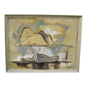 Harrison Mid-Century Abstract Harbor / Fishing Boats — Signed Oil on Canvas, Framed (51" X 39")