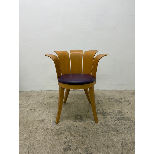 Bentwood Flower side chair with purple leather fabric seat cushion originally designed by Miro Harold (King Harold) and...