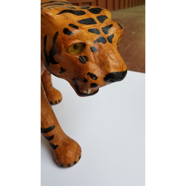 1960s Hand Painted Leather Tiger Figurine With Glass Eyes Made in India