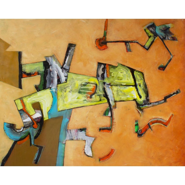 An abstract mixed media painting by the American artist James L. Bruch (1942-2023). Predominately yellow and orange, this...