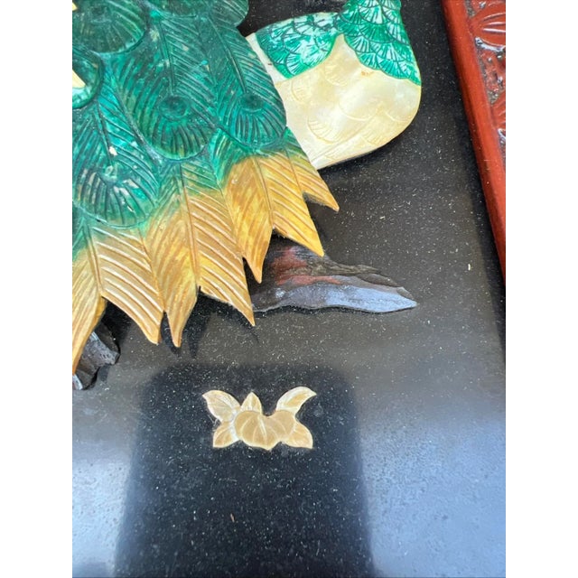 Paint Vintage Chinese Carved Shell and Lacquer Peacock WallHang Artwork, Circa 1950’s For Sale - Image 7 of 15