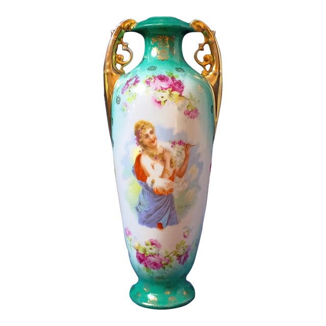 Antique Victorian Victoria Carlsbad Austria Portrait Vase, Victorian Art Nouveau Hand Painted Porcelain Urn, G M Asmann the Secret For Sale