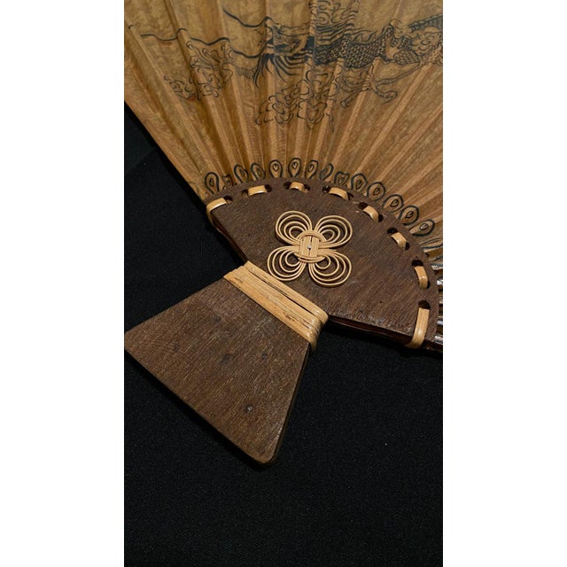 Large Pair Vintage Chinese Dragon Wall Fans 37"l X 23"h - Set of 2 Hand Painted Bamboo Fan | Oriental Decor For Sale - Image 9 of 17