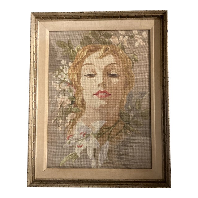 1950’s Original Hand Done Needlepoint Picture Female Portrait With Flowers Original Frame Ny Label For Sale