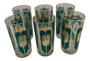 1950s Mid-Century Gold and Aqua Highball Glasses - Set of 6