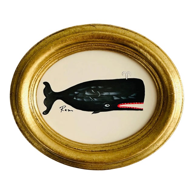 Original Hand-Painted Whimsical Baby Whale Painting in a Vintage Italian Gold Frame For Sale
