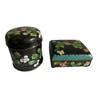 1910 Small Chinese Enameled Black Floral Cloisonné Boxes, a Pair For Sale