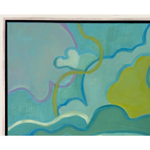 Abstract lyrical landscape celebrating summer clouds in celadon, blues, greens, with some yellow and purple. It is in a...