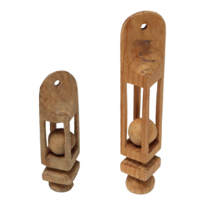 Set of Two Small Folk Art Hand Carved Trench Art Whimsy Ball in Cage Sculptures