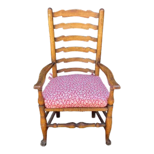 Antique 18th C American Ladder Back Arm Chair - Pink Scalamandre Cushion