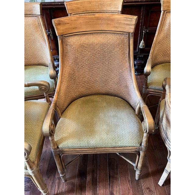 Tommy Bahama Style Woven Rattan & Faux Bamboo Dining Arm Chairs by Drexel Heritage Set of 6