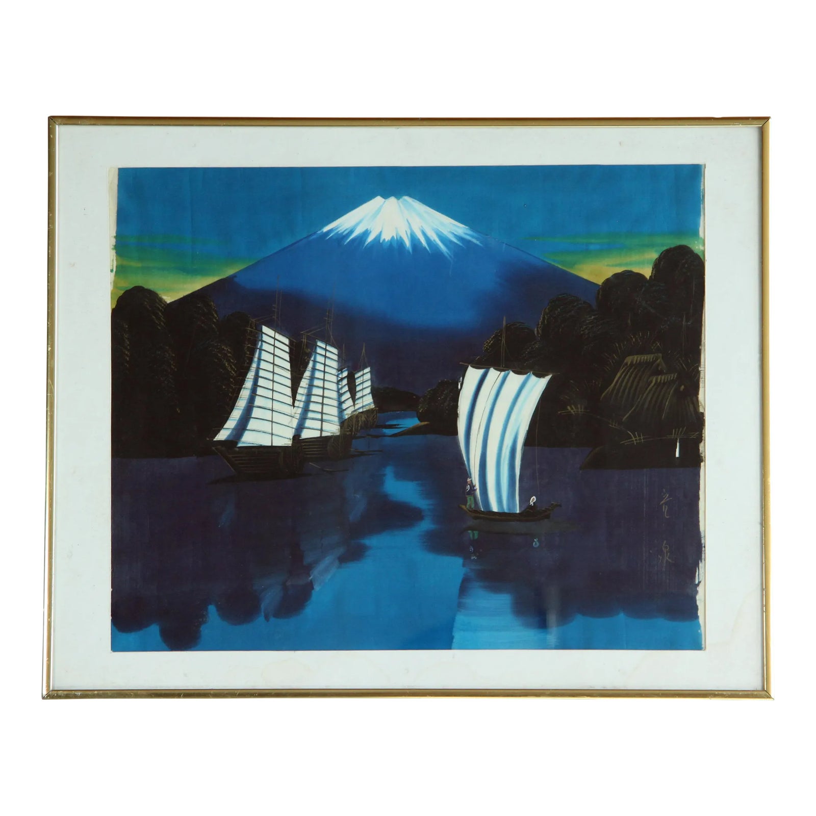 Vintage 1950's Japanese Painting on Silk of Mt Fuji and Fishing Boats