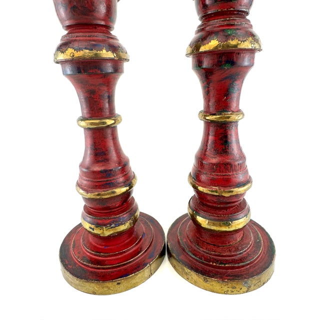1970s Pair of Hand-Painted Red and Gold Wooden Candleholders With Brass Trim For Sale - Image 11 of 13