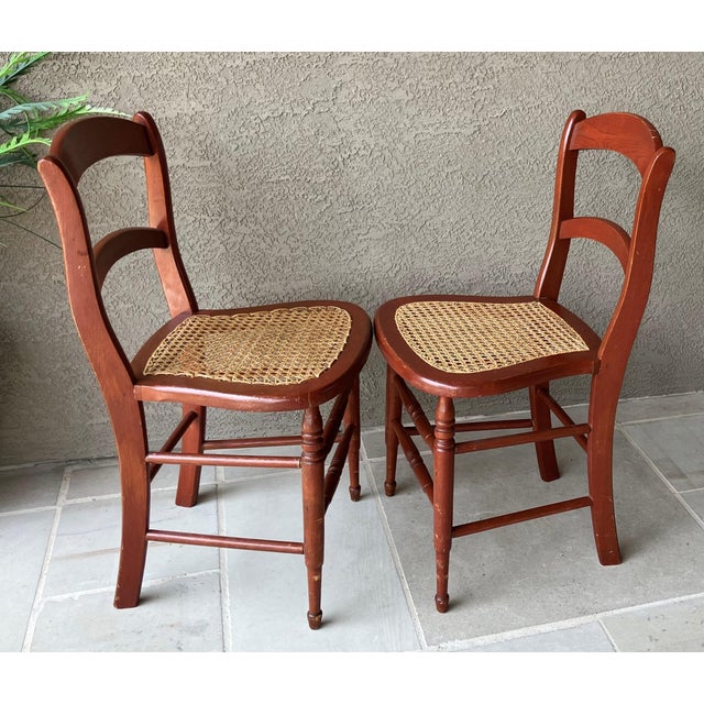 Circa 1920 Solid Oak Wood & Cane Seat Two-Rung Curved Ladderback Accent Chairs – A Pair For Sale - Image 16 of 18