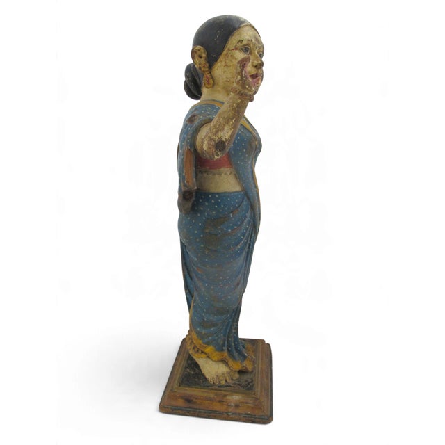 Wood Indian Hindu Female Attendant Abhaya Mudra Carved Wood Folk Art Statue For Sale - Image 7 of 12