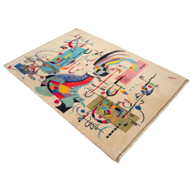 Cream 1980s Kandinsky - Accompanied Center - Inspired Hand Knotted Area - Wall Rug- 3′7″ × 5′ For Sale - Image 8 of 18