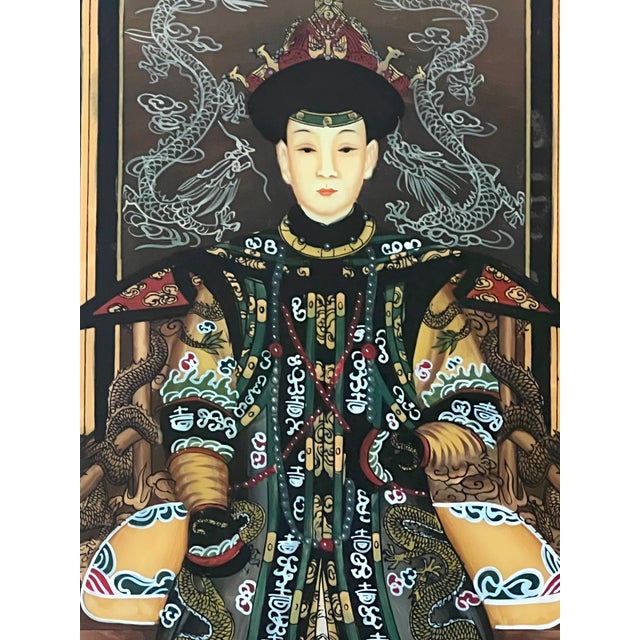 Reverse Painted Chinese Qianlong Emperor & Empress (Nobles) Rosewood Framed Ancestor Paintings - A Pair For Sale - Image 10 of 13